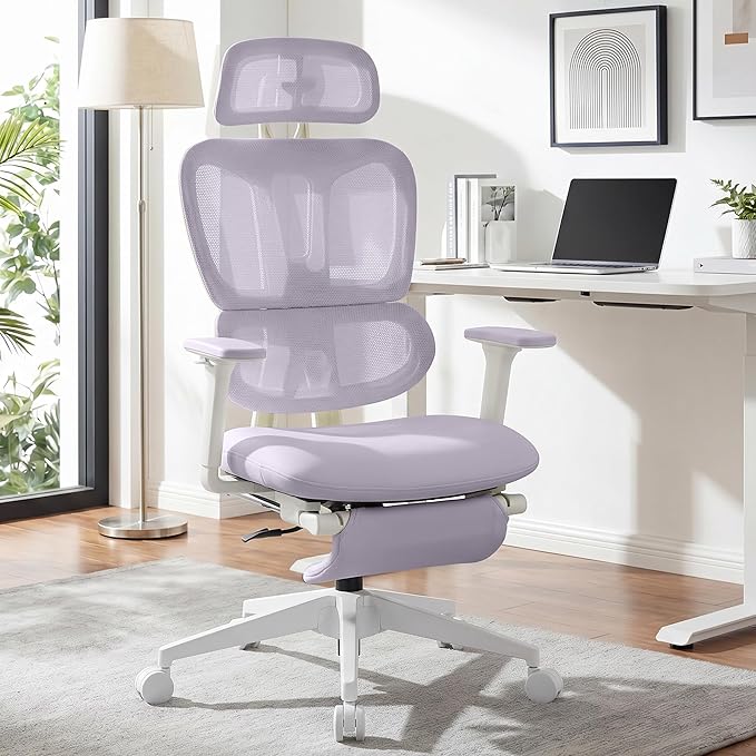 Ergonomic Office Chair with Footrest, 90-135° Reclining High Back Desk Chair with Lumbar Support, 2D Headrest, 2D Armrests, Computer Chair for Long Hours, Purple