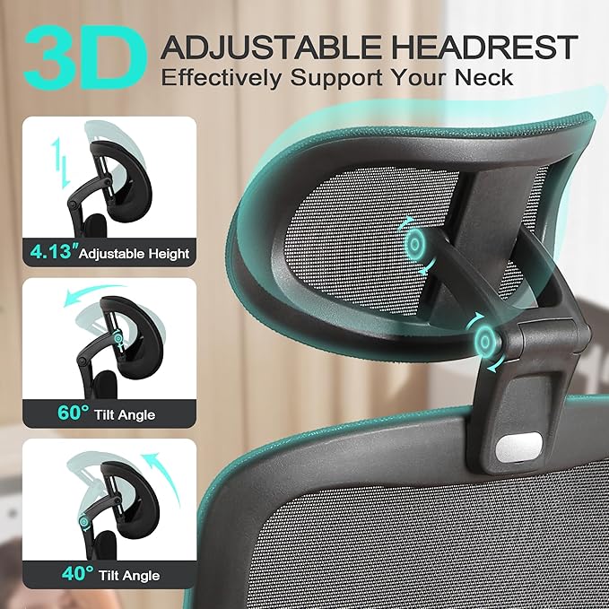 Ergonomic Office Chair with 4D Flip-Up Arms & Footrest, Mesh Desk Gaming Chair with 3D Headrest & 2D Floating Wing Lumbar Support, High Back Computer Chair for Home Office Vanity, Black