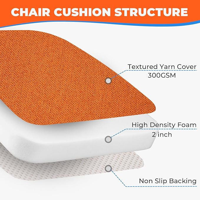 Sunsleek Chair Cushions for Dining Chairs, D-Shaped Seat Cushions with Removable Washable Cover and Ties, Chair Pads for Kitchen, Indoor Dining Room, Patio Chairs, 17'' x 16'', Set of 4, Orange