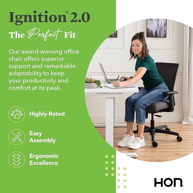 HON Ignition 2.0 Low Back Task Chair, Spectrum Mesh, Standard Synchro-Tilt Control, Office Chair with Lumbar Support, Height and Width Adjustable Arms, Black Frame, Onyx