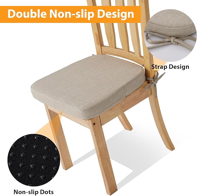Ruqmuis Chair Cushions for Dining Chairs, 2" Thick Seat Cushions for Kitchen Chairs, D-Shaped Chair Pads with Washable Cover, Ties and Non Slip Backing, 17'' x 16'', Set of 2, Beige