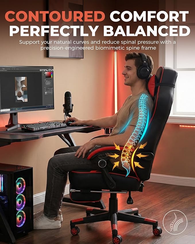 GTPLAYER Gaming Chair with Footrest, Big and Tall Game Chair 350lb Racing Style Computer Chair, Ergonomic Executive Office Chair High Back with Lumbar Support and Recliner, Red