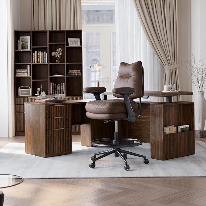 Executive Drafting Chair, Extral Thick Tall Office Chair with Padded Flip-Up Armrests, Mid-Back Cushioned Seat, 360° Swivel Rolling Computer Desk Chair, Vintage Brown