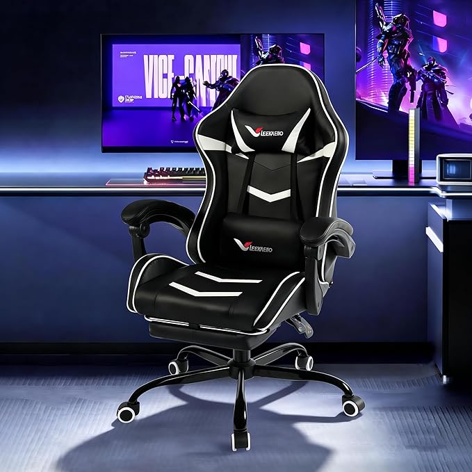 Gaming Chair for Adults, Ergonomic Gamer Chair with Footrest, Spring Pocket Cushion, Computer Office Desk Reclining Chair with Enlarged Metal Base, Linkage Armrests, Lumbar & Headrest (White)