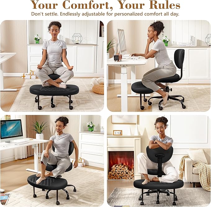 AtHope Ergonomic Cross Legged Office Chair with Wheels - Adjustable Height for Meditation, ADHD Desk & Yoga - Wide Criss Cross Design with Lumbar Support, Kneeling Chair - Upgraded Black