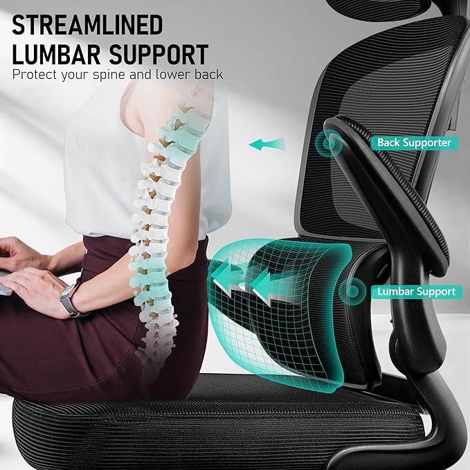 BESTFAIR High Back Ergonomic Office Chair, Breathable Mesh Desk Chair with Lumbar Support, Adjustable Headrest, Flip-up Armrests, Computer Gaming Chair, (Black)