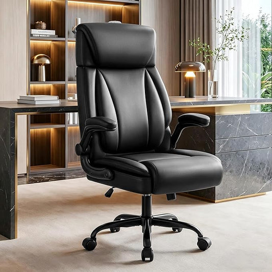 BestGlory Ergonomic Office Chair, PU Leather High Back Desk Chair with Adjustable Headrest and Padded Flip-Up Arms, Lumbar Support Computer Chair for Home Office Gaming, Black