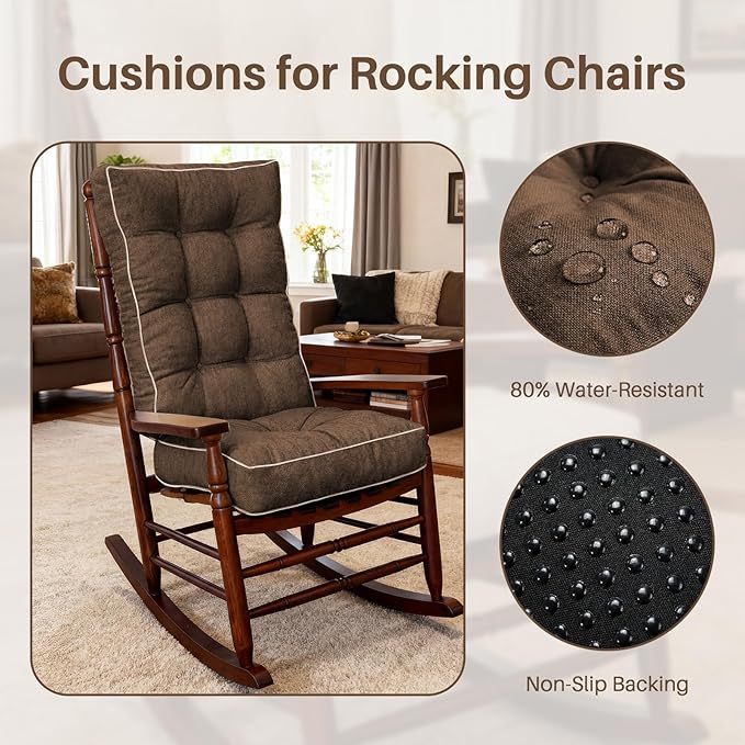 YZ HOME Rocking Chair Cushion, Set of Thicken Seat & Back Chair Cushions with Memory Foam, Non-Slip Chair Pad with Ties for Indoor&Outdoor Rocker, Dark Brown, 22x17x5/17x17x5