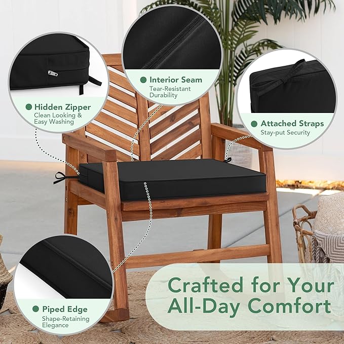 Outdoor Chair Cushions Set of 2: Waterproof & Fade Resistant Seat Cushion for Patio Furniture - 18.5 x 16 x 2 Inch Chair Pads with Ties and Hidden Zipper - Patio Chair Cushion Replacement, Black
