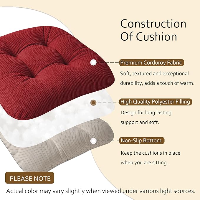 ELFJOY Dining Chair Cushions Thick Non Slip Kitchen Chair Pads with Ties Comfortable Indoor Kitchen Seat Cushions 18" x 18" x 3" (2, Red)