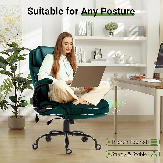Office Chair, Big and Tall Executive Chairs with Lumbar Support for Back Pain,Breathable Desk Computer Chair with Adjustable Flip-up Armrests,Wide Cushion Swivel Home Office Chair Green PU