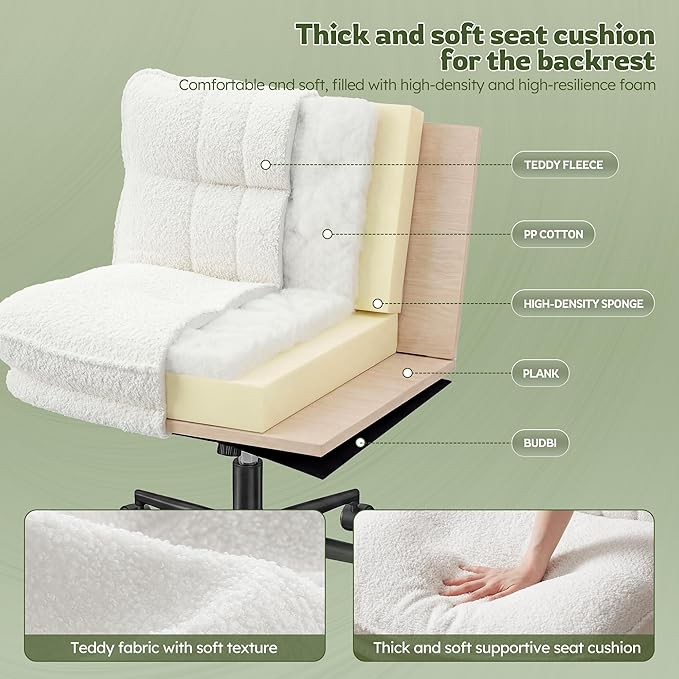 DurayLoly Criss Cross Chair with Wheels, 6.2" Extra Thick Cross Legged Office Chair, Height Adjustable Swivel Design for Home Office, Study & Vanity,White