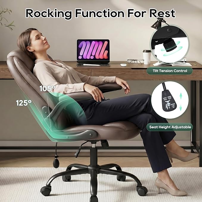 MALOL Leather Office Chair, Home Desk Chair with Adjustable Lumbar Support, Thick Cushion, Flip-Up Arms and Ergonomic Back, Comfy Executive Office Chair for Home Office, Brown