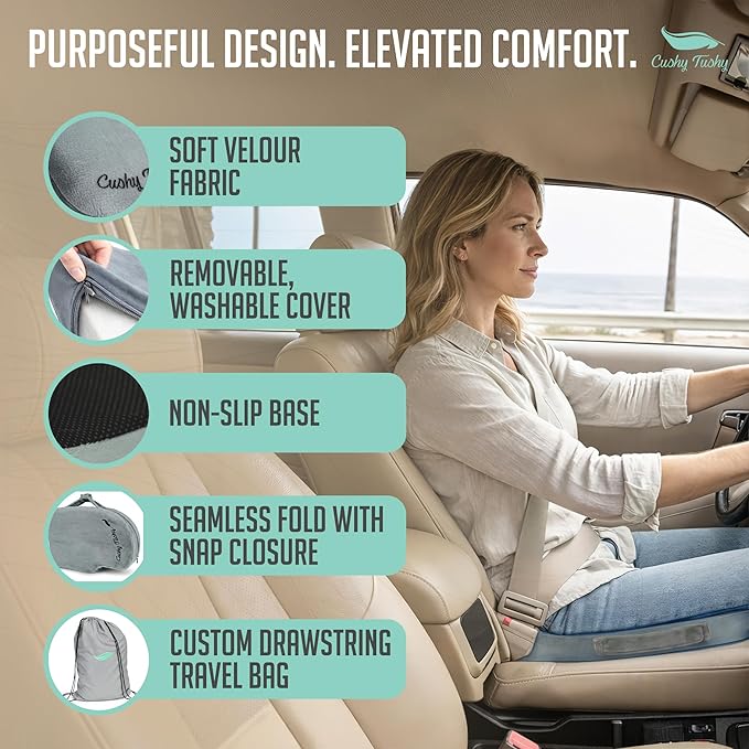 Cushy Tushy Premium Slim Foldable Travel Seat Cushion - for Relief of Lower Back, Sciatic, Butt and Tailbone Pain - for Home & Office Use, Perfect for Travel or Driving - Slim Coccyx Seat Cushion