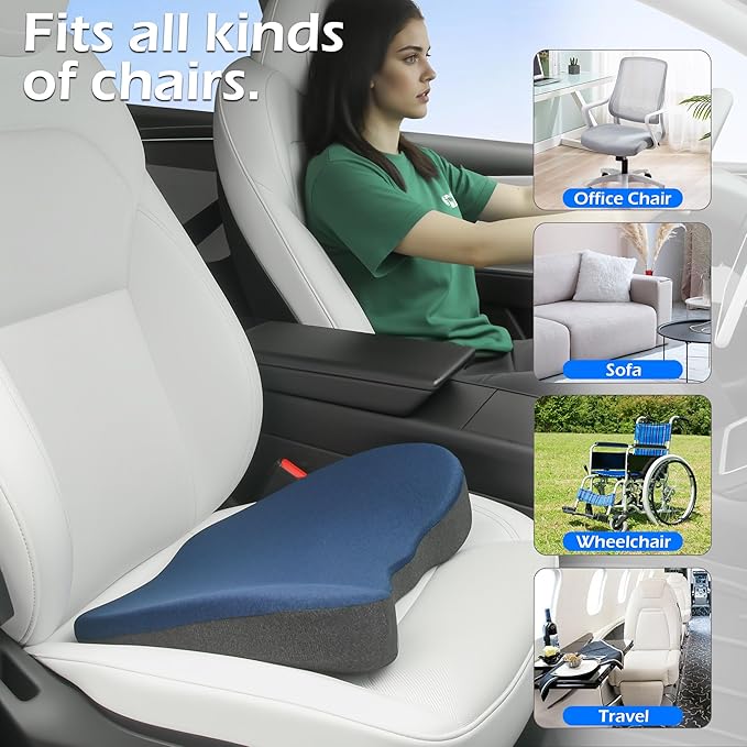Car Seat Cushion for Driving, Ergonomic Memory Foam Car Seat Pad for Sciatica Pain Relief, Car Seat Cushion Pad for Driving Seat Office Chair, Blue