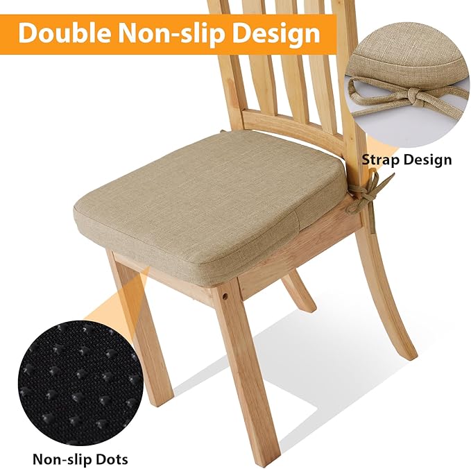 Ruqmuis Chair Cushions for Dining Chairs, 2" Thick Seat Cushions for Kitchen Chairs, D-Shaped Chair Pads with Washable Cover, Ties and Non Slip Backing, 17'' x 16'', Set of 6, Khaki