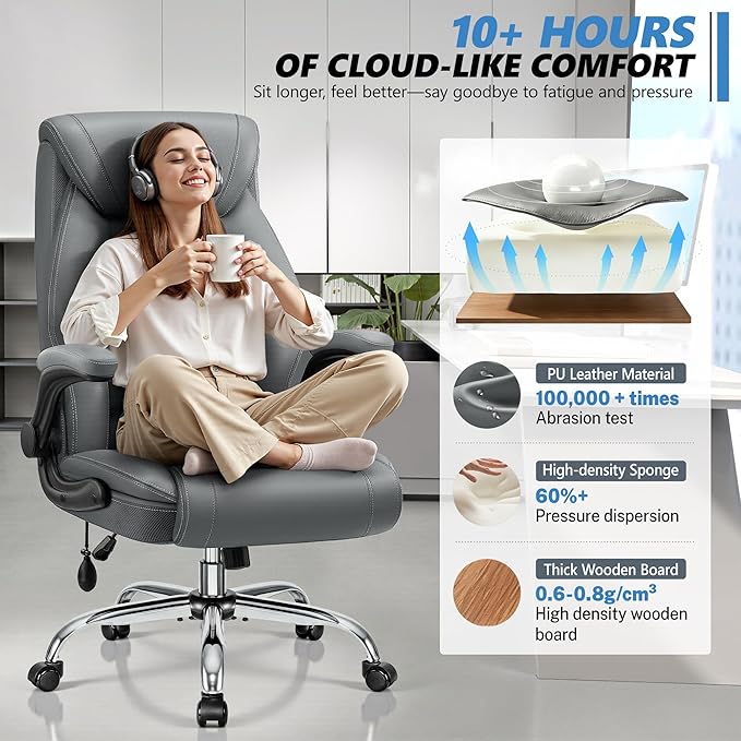 Office Chair, Big and Tall Ergonomic Desk Chair, Executive Leather Computer Chair with Adjustable Lumbar Support, Comfy Gaming Chair with Flip Up Arms, Swivel PC Chair with Rocking Function, Gray