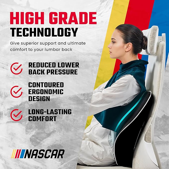 NASCAR Lumbar Support Pillow for Office Chair, Car, Gaming Chair, Home | Contoured Ergonomic Back Support | Premium Memory Foam | Breathable & Washable Jaquard Velvet Cover w/Adjustable Strap, Black