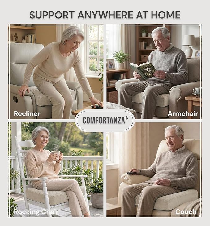 Medium-Soft 20x20x5 Memory Foam Recliner Chair Seat Cushion for Long Sitting - Armchair Pad with Washable Velvety Cover with Waterproof Layer & Non-Slip Base for Seniors & Elderly - Cream