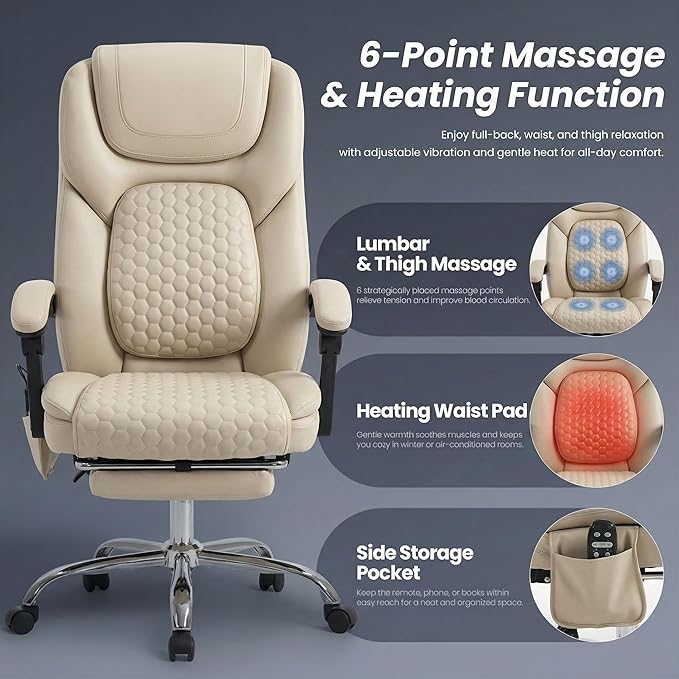 MALOL Massage Office Chair with Heat and Footrest - 3-Level 65°C Targeted Heating, 20-Min Easy Assembly Leather Desk Chair, Big and Tall Executive Computer Chair with Side Pocket, 300 lbs, Beige