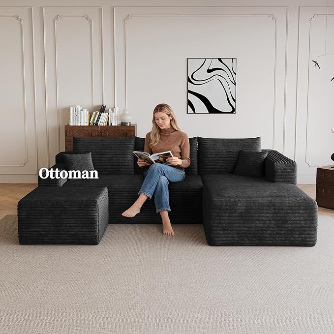 25.6" Corduroy Ottoman Foot Rest,Plush Memory Foam Couch Ottomans,Boneless Compressed Sofa in a Box for Living Room No Assembly Require,Black