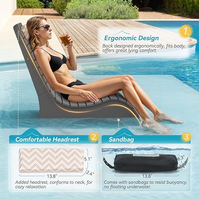 HDPS Pool Lounge Chairs, Use in Pools Lounge Chairs up to 10-Inches of Water, Chaise Chairs with Headrest, Lounge Chair Outdoor, Fade-Resistant Pool Lounger for Deck