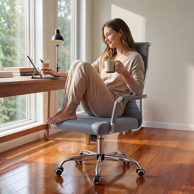 Furmax Ergonomic Office Desk Chair, Executive Ribbed Mid-Back PU Leather Conference Room Chair Adjustable Swivel Chair with Arms (4, Grey)