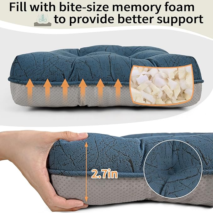 Marble Pattern 3" Chair Cushion for Dining Chair, Filling Bite-Size Memory Foam U-Shaped Seat Cushions for Kitchen Chairs, Non-Slip Indoor Chair Pad with Ties, Set of 4, Blue