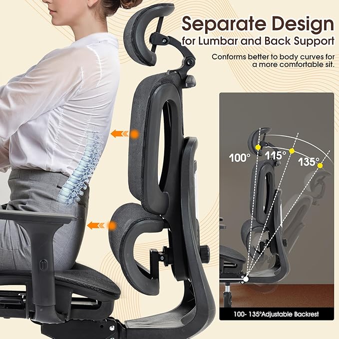 ECOTOUGE Ergonomic Office Chair with Footrest, High Back Mesh Computer Chair with Adjustable Lumbar Support, Rolling Swivel Desk Chair for Home Office, Gaming Chair with Headrest and Wheels, Black
