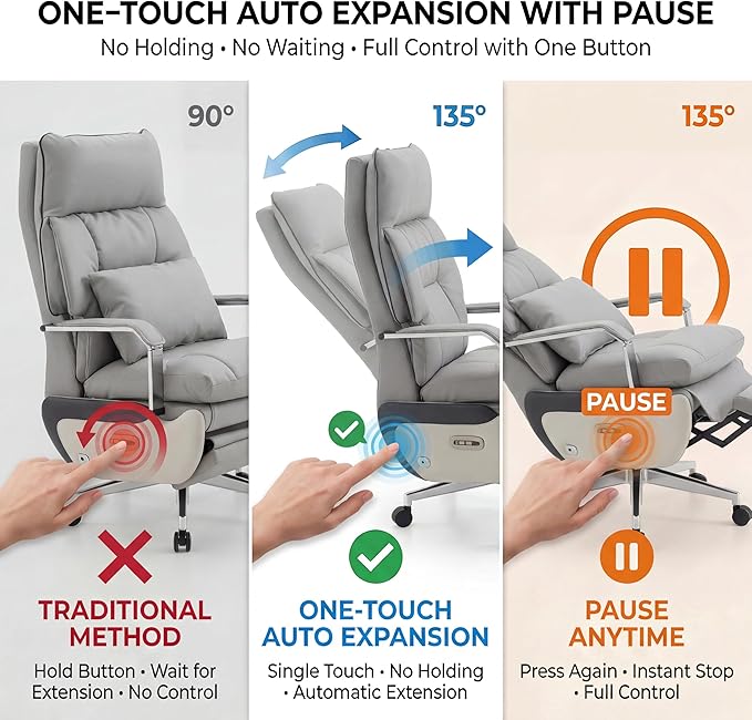 Dual Motor Executive Reclining Office Chair with Footrest – One-Click Electric Recline, Massage Lumbar Support & Pillow, Big and Tall PU Leather Ergonomic Desk Chair for Home Office(Gray)