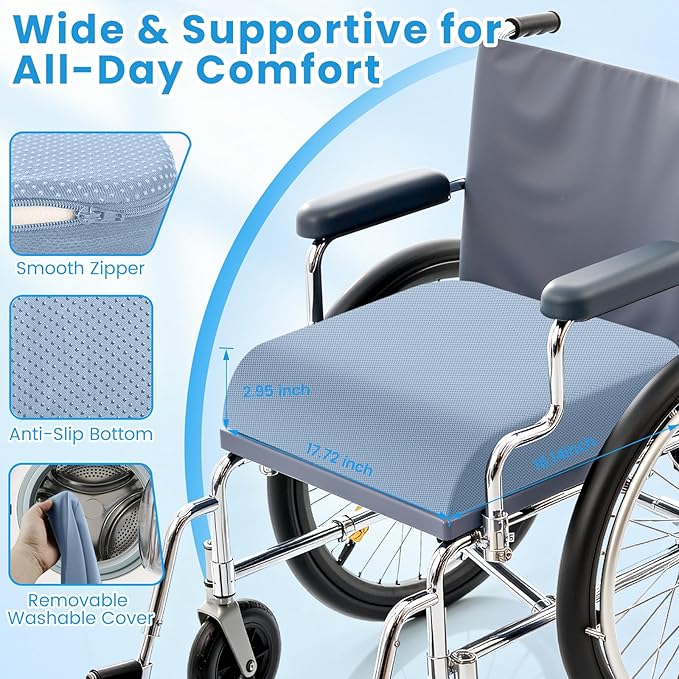 Wheelchair Seat Cushion for Pressure Relief, Cooling Gel Memory Foam Chair Cushion with Slope-Edge Design, Coccyx Support for Tailbone Pain, Non-Slip, for Wheelchairs, Office Chairs, Light Blue