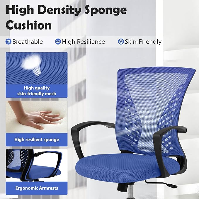 Mesh Office Chair with Adjustable Height & Arms - Ergonomic Mid Back Swivel Chair for Desk, Comfortable Home Computer Chair with Lumbar Support, Modern Design (Blue)