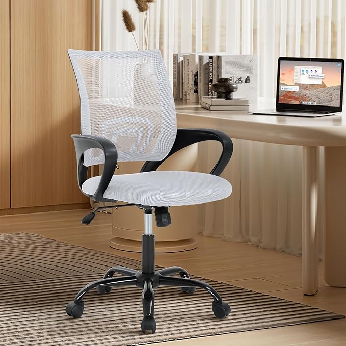 Ergonomic Office Chair Mesh Mid Back with Lumbar Support Armrest, Adjustable Home Desk Chair Comfy Computer Task Drafting Rolling Swivel Chairs for Gaming, Home Work, Study, White