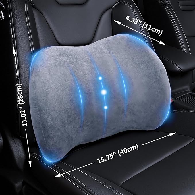 Lumbar Support Pillow for Car, Office Chair, and Gaming, Memory Foam Back Support Cushion for Lower Back Pain Relief, Ergonomic Design with Breathable Crystal Velvet Cover, Grey