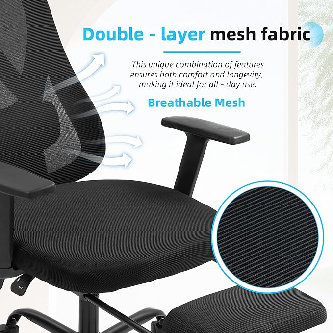 ECOTOUGE Office Computer Desk Chair, Ergonomic High-Back Mesh Work Chairs with Wheels and Adjustable Height, Comfortable Lumbar Support, Comfy Armrest for Home, Bedroom, Study, Black