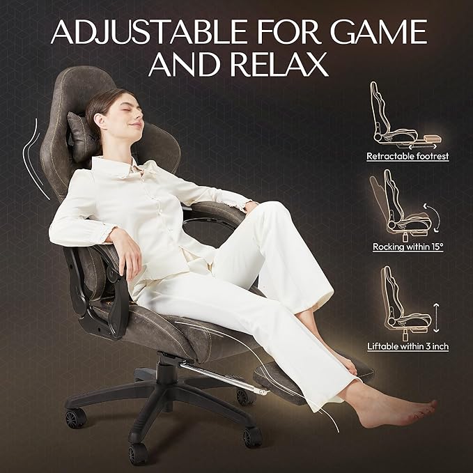 Dowinx Big & Tall Vintage Gaming Chair for Adults, 400 lb Capacity Heavy Duty Ergonomic Computer Chair with Massage Lumbar, Footrest & Easy Side Recline, Brown