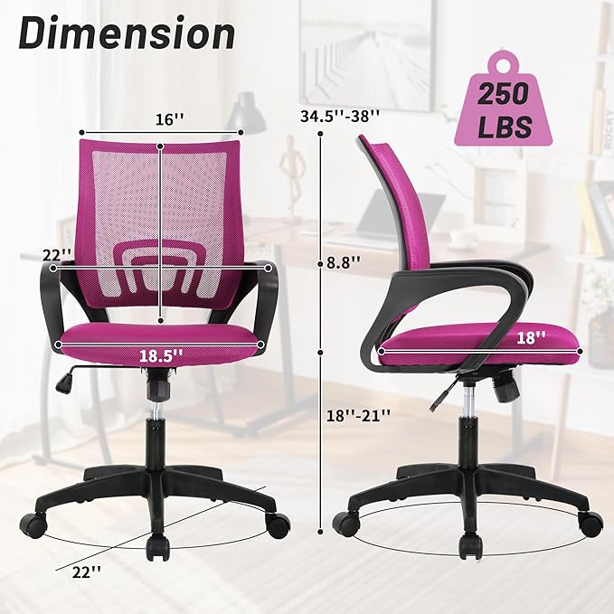 Office Chair,Work Chairs for Home Office,Ergonomic Desk Chair with Lumbar Support,Mesh Office Chair with Arm and Wide Comfortable Seat,Adjustable Rolling Office Chair,Pink