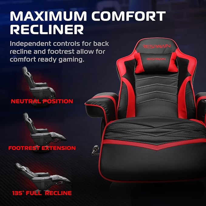 Respawn 900 Console Gaming Recliner with Footrest and Lumbar Support - Comfortable Ergonomic Gaming Chair with Headrest, No Wheels, Reclining, Heavy Duty, Racing Style Video Game Chairs - Red