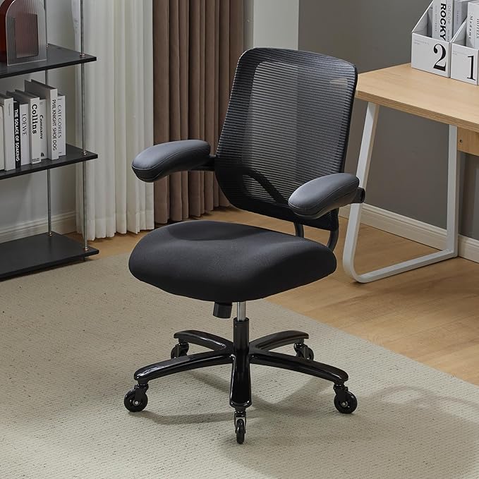 Kassipo 500LBS Big and Tall Office Chair with Flip-Up Armrests, Heavy Duty Office Chair for Heavy People, Memory Foam Seat Filling Springs, Black