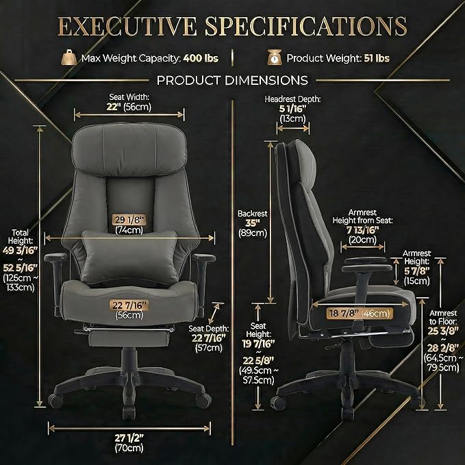 Big and Tall Office Chair 400lbs, Premium PU Leather Executive Chair with Extra Wide Saddle Seat for Cross Legged, 3D Armrests, Footrest, Heavy Duty Ergonomic Reclining Desk Chair (Grey)