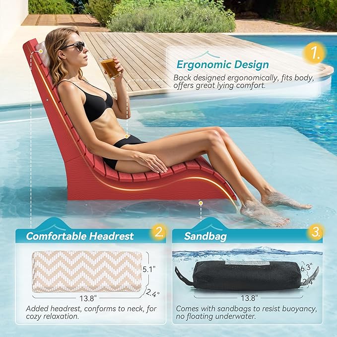 HDPS Pool Lounge Chairs, Use in Pools Lounge Chairs up to 10-Inches of Water, Chaise Chairs with Headrest, Lounge Chair Outdoor, Fade-Resistant Pool Lounger for Deck