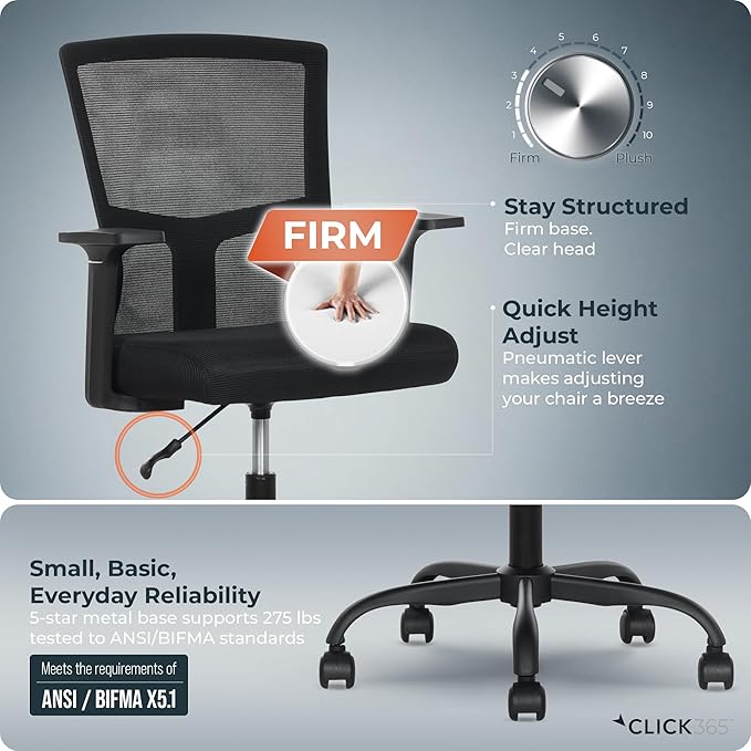 AeroCore M120 Ergonomic Mesh Office Chair, Breathable DeskChair with Lumbar Support, Cushioned Seat, Adjustable Height, Fixed Arms & Swivel, 275lbs Capacity, Black