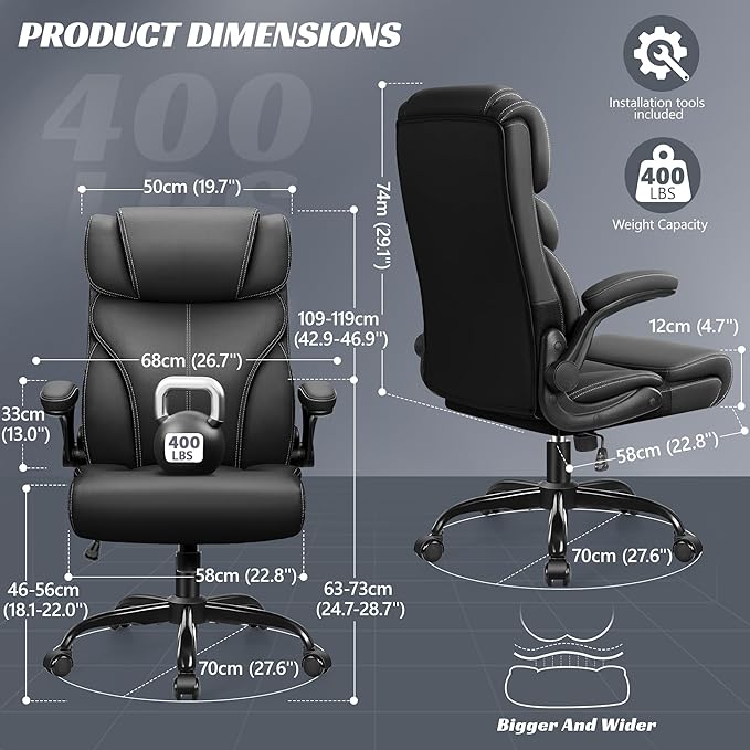 HeroSet Office Chair, Ergonomic Big and Tall Computer Desk Chairs, Executive Breathable Leather Chair with Adjustable Flip-up Armrests, Lumbar Support Swivel PC Chair with Rocking Function