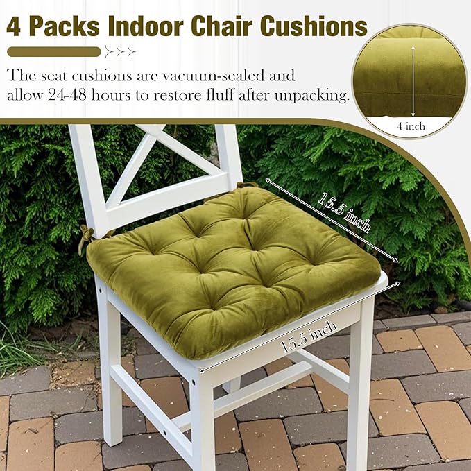 Nuanchu Memory Foam Chair Cushions Set of 4, Thick Indoor Seat Cushions for Dining Chairs Tufted Seat Pads for Kitchen, Dining Room, Office,(Mustard Green,15.5"x15.5"x4")