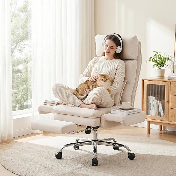 Okeysen Office Chair with Flip Armrests, Big and Tall Office Chair with Foot Rest, Wide Reclining Desk Chair for Cross Legged Sitting & Pets, Executive Ergonomic Computer Gaming Chair with Pillow