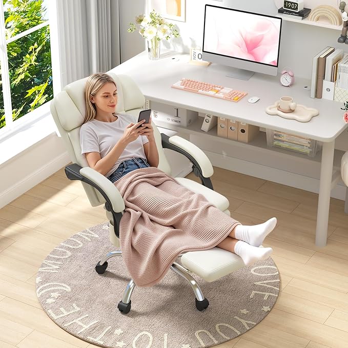HOMREST 6-Point Massage Office Chair with Heat, Ergonomic Reclining Desk Chair with Footrest, PU Leather Executive Chair for Home Office,Comfortable Computer Chair Gift for Women, Off White