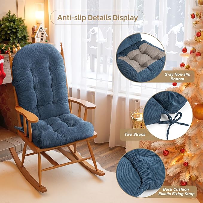 Rocking Chair Cushion - Corduroy Fabric, High-Density Sponge, Durable Comfort Non-Slip Bottom Tufted Seat Pads with Ties, Corduroy︱Dark Blue, 44x19x4 inch