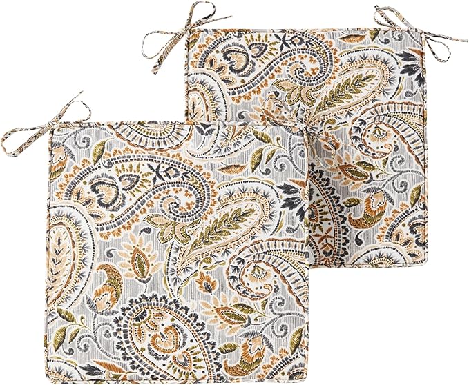 Outdoor 18 inch Square Patio Dining Chair Pads – Comfortable Fiber-Filled Seat Cushions with Ties, Reversible Polyester Fabric - Arctic Paisley, Set of 2