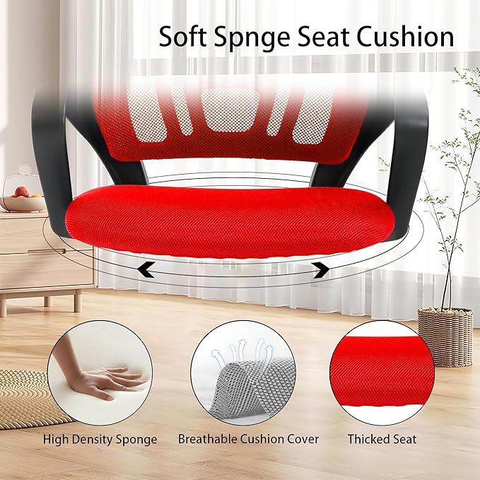 Mid-Back Ergonomic Office Chair - Supportive Mesh Computer Chair with Armrest, Adjustable Height, Swivel & Lumbar Support, Metal Base, Red