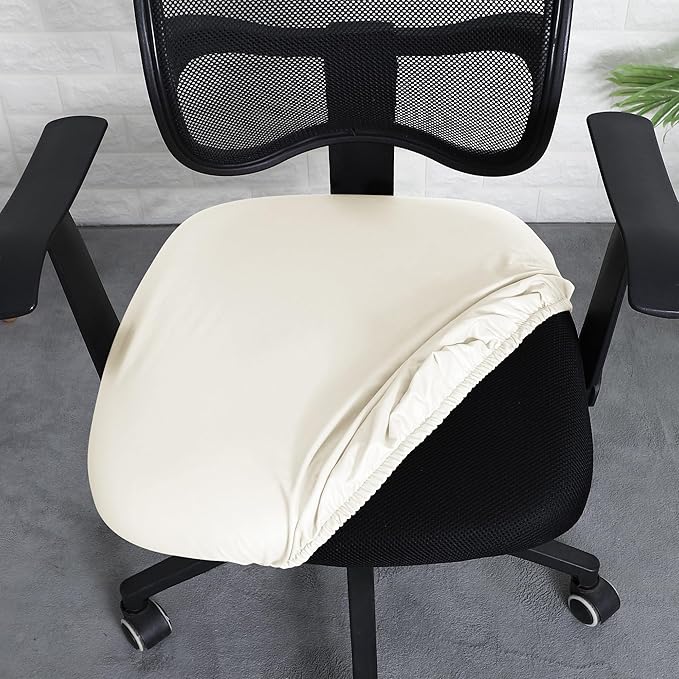 FORCHEER Waterproof Cream Office Chair Seat Cover Faux Leather Strechable Computer Desk Chair Seat Cushion Slipcover 1 Piece Washable